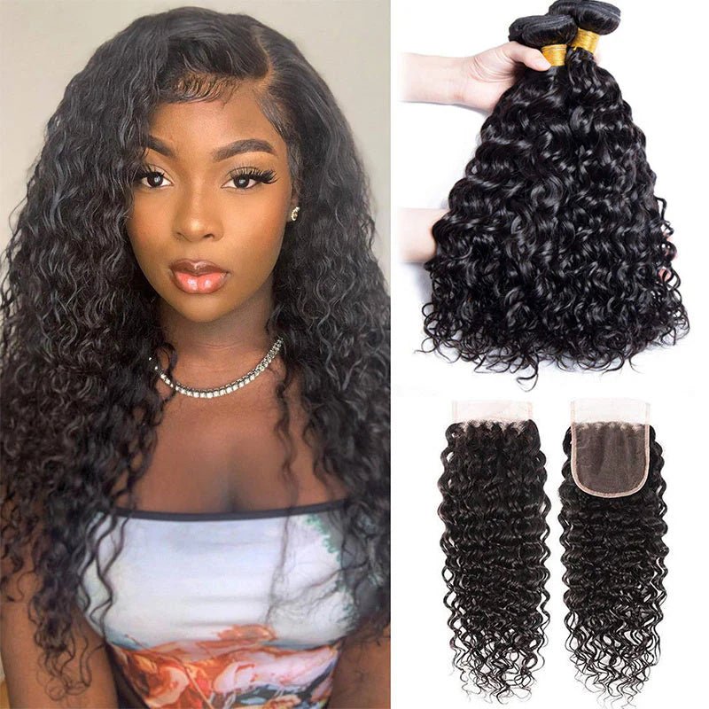 Water Wave Hair 4 Bundles With 4x4 Lace Closure 100% Virgin Human Hair - Perismoda Hair